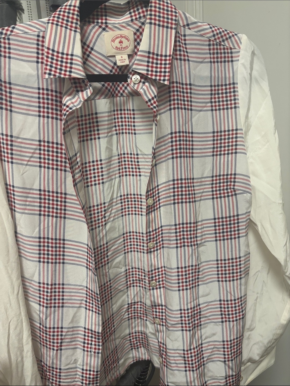Like new! Silk Brooks Brothers White Plaid Button-Down Shirt with Red & Navy! 8!